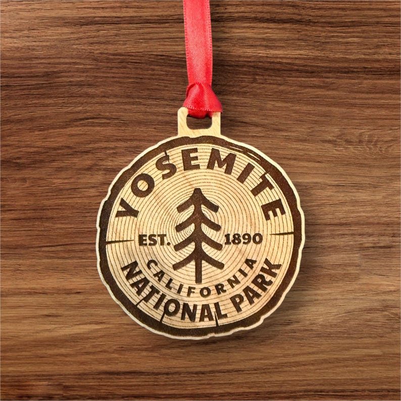 Yosemite National Park Wood Ornament 3" – Solid Cherry Christmas Ornament – California Souvenir – Laser Cut Rustic Park Decor – Made in USA image 1