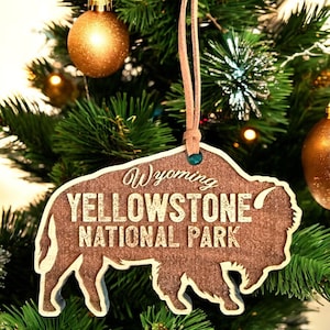 Wood Yellowstone National Park Solid Cherry Christmas Ornament Bison 3.8&quot; WY Buffalo Travel Vacation Souvenir