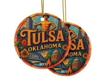 Tulsa Oklahoma Illustration Ornament | Ceramic Round Double-Sided