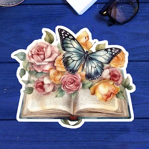 Book Lover Sticker Flowers Butterfly Decal 3.5&quot; Wide Gift For Book Lovers Vinyl
