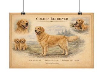 Golden Retriever Illustration Rolled Poster | Vintage Dog Breed Print