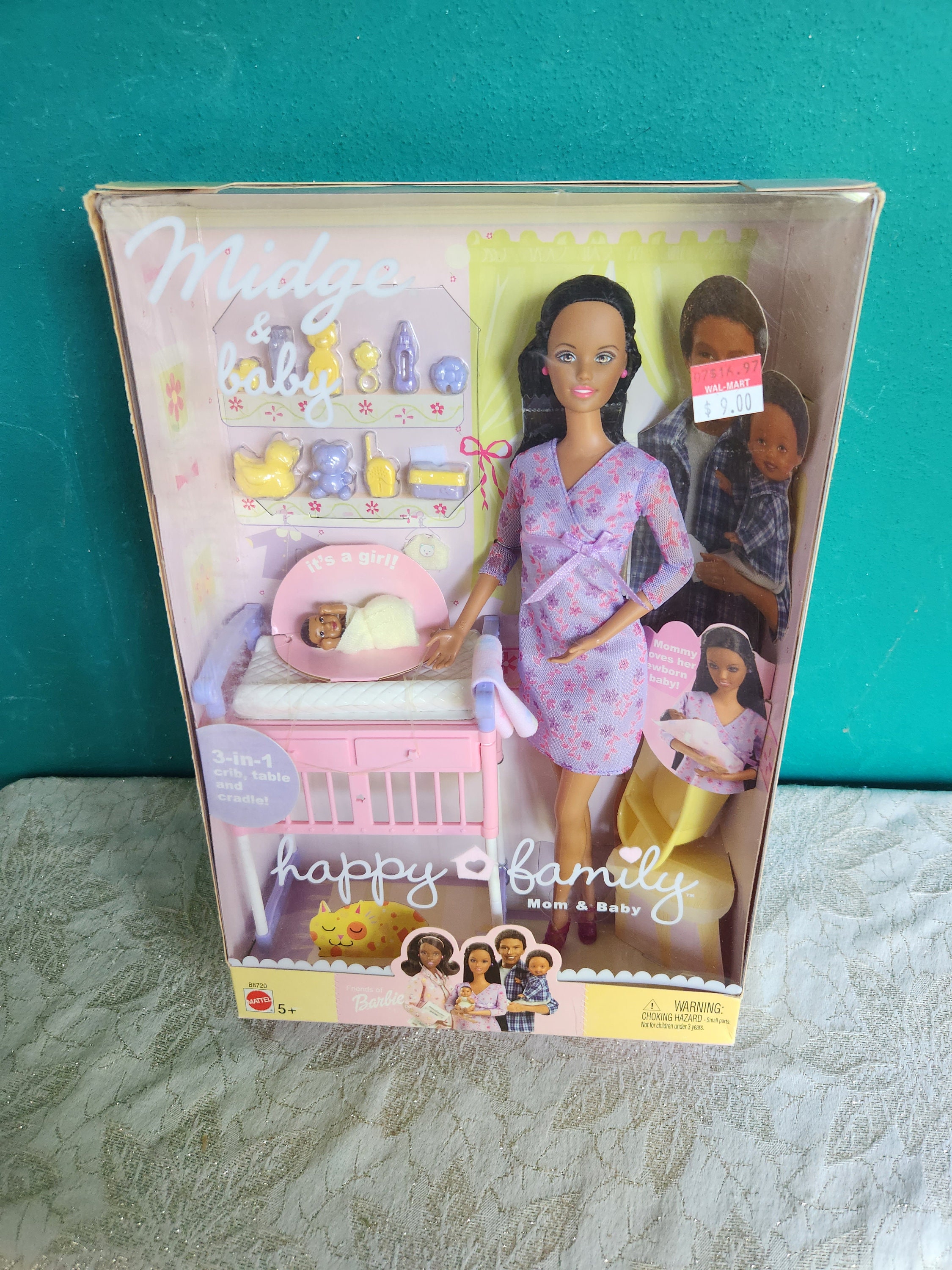 Happy Family Midge Barbie Pregnant Mattel 2002 with Baby without Belly Baby  Bed and Accessories Vintage