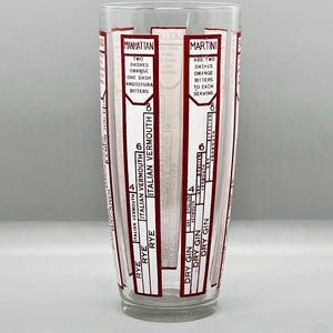 Peut inclure: Un shaker &agrave; cocktail en verre transparent avec des marques rouges et blanches. Les marques comprennent des mesures pour diff&eacute;rents types de cocktails, notamment Manhattan, Martini, Rye, Dry Gin et Vermouth italien.