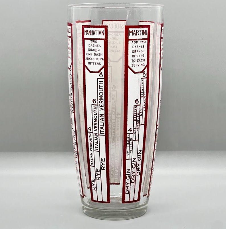 Peut inclure: Un shaker &agrave; cocktail en verre transparent avec des marques rouges et blanches. Les marques comprennent des mesures pour diff&eacute;rents types de cocktails, notamment Manhattan, Martini, Rye, Dry Gin et Vermouth italien.