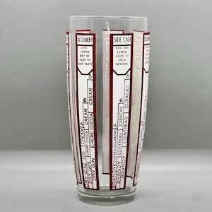 Peut inclure: Un shaker &agrave; cocktail en verre transparent avec des marques rouges et blanches. Les marques comprennent les noms des cocktails et la quantit&eacute; de chaque ingr&eacute;dient n&eacute;cessaire. Les cocktails list&eacute;s sont Alexander, Side Car et Dubonnet.