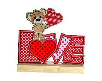 Valentine's Day LOVE Decor: Wooden Valentine Statue with Teddy Bear