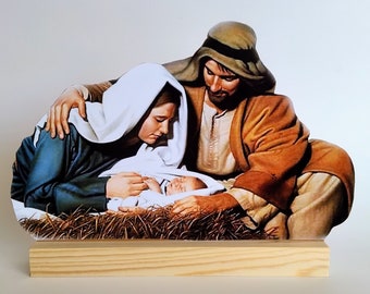 Christmas Nativity Scene: Layered 3D Image on Wood Stand