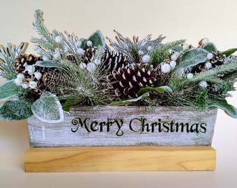 Rustic Wood Box Christmas Floral Arrangement: Pine & Pinecone Display