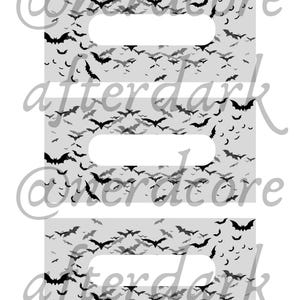 May include: A light gray Halloween-themed gift bag design with a repeating pattern of black bats in flight. The bag has three rectangular cutouts and the text "@nerdcore afterdark" in a light gray color.