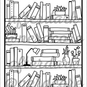 以下が含まれることがあります： 本、植物、デスクランプが置かれた本棚の白黒イラスト。「READ TO SAVE」の文字が上部に、「EACH BOOK READ」の文字が下部にあります。