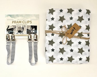 SALE - Pram Clips & Swaddle/Wrap Gift Set - Grey Stars