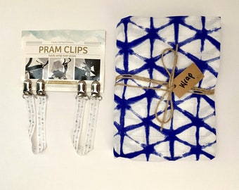 SALE - Pram Clips & Swaddle/Wrap Gift Set - Blue and White