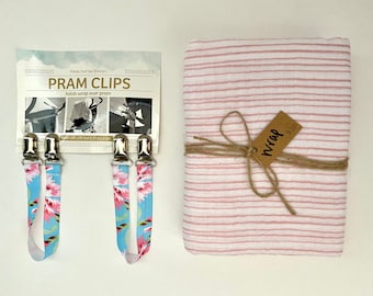SALE - Pram Clips & Swaddle/Wrap Gift Set - Pink Stripe