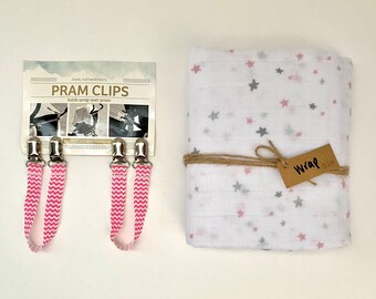 SALE - Pram Clips & Swaddle/Wrap Gift Set - Pink Stars