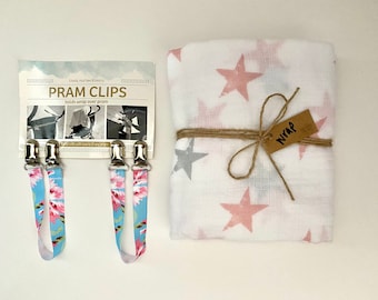 SALE - Pram Clips & Swaddle/Wrap Gift Set - Pink Stars