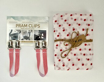 Pram Clips & Swaddle/Wrap Gift Set - Red Spots