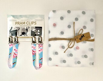 SALE - Pram Clips & Swaddle/Wrap Gift Set - Pink Spots