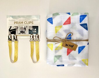 SALE - Pram Clips & Swaddle/Wrap Gift Set - Yellow Triangles