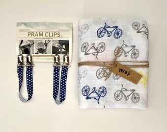 SALE - Pram Clips & Swaddle/Wrap Gift Set - Bikes