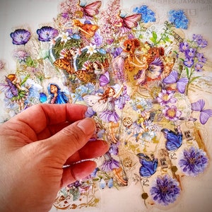 Clear Plastic Purple Blue Shades Flower Fairy Sticker Set in Collage Style with Gold Foil 30 Pcs 2 1/2&quot; to 2 7/8&quot; for Paper Crafting