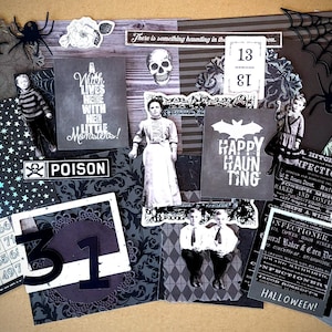 May include: A collage of Halloween-themed ephemera in grayscale. Includes images of spiders, cobwebs, a skull, vintage figures, and cards with text like "Happy Haunting" and "Poison." Numbers and patterns add to the spooky aesthetic.