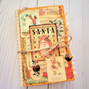 Vintage Style Christmas Junk Journal Clasp Envelope Cover with Santa and Children Theme, Time Worn Look Tea Dyed Christmas Journal