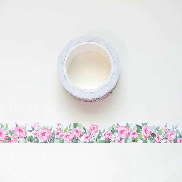 Pink Flowers and Green Leaves Washi Tape Roll for Planner Card Journal Scrapbook and Paper Crafts, Pink Floral Removable Decorative Tape