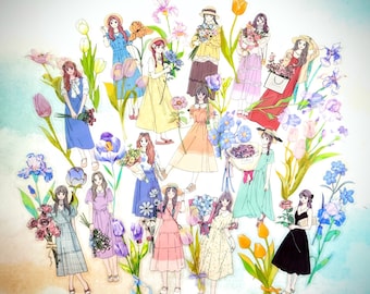 Puede incluir: Una ilustración colorida con un grupo de mujeres con vestidos y sombreros florales, rodeadas de flores y vegetación. Las mujeres sostienen ramos de flores y sonríen. La ilustración es una representación caprichosa y alegre de la primavera.