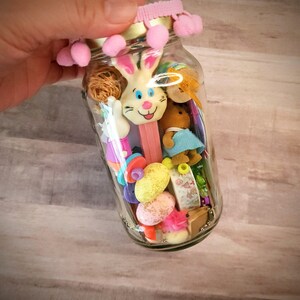 Easter Trinkets Toys Ephemera Jar #3, Charms, Vintage Easter PEZ dispenser, Cabbage Patch Figurine, Junk Journal Supplies