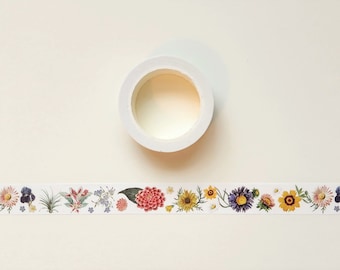 Vintage Style Assorted Florals Washi Tape Roll in Pink Purple Yellow Colors, Flowers Theme Removable Tape for Planner Journal Scrapbook