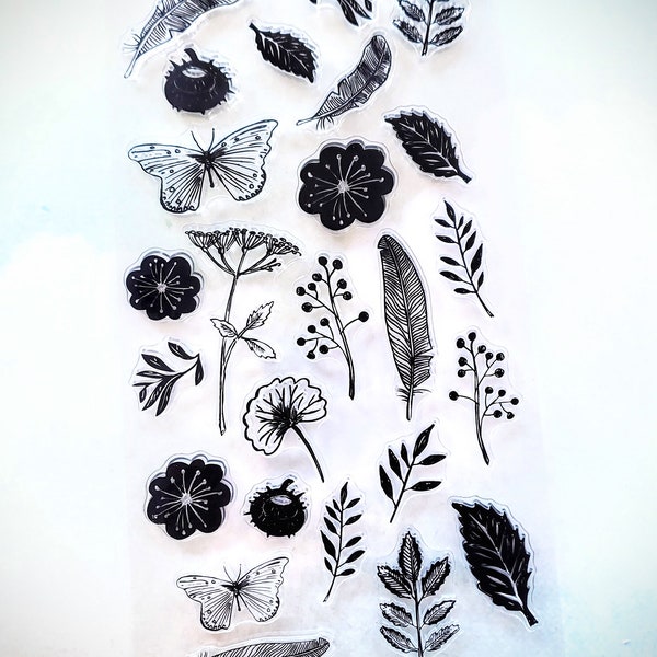 Variety Nature Rubber Stamp 26 Piece Set, Botanical Clear Silicone Stamp, Flowers Butterflies Leaves Clear Rubber Stamp