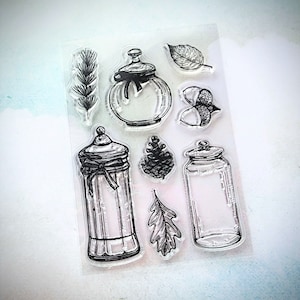 Variety Jars and Leaves Silicone Rubber Clear Stamps 8 Piece Set for Paper Crafts