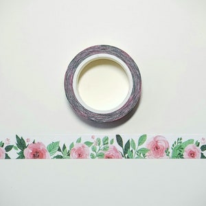 Pink Rose Flower and Green Leaves Washi Tape Roll for Planner Card Journal Scrapbook and Paper Crafts, Pink Floral Removable Decorative Tape