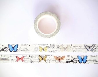 Butterflies Dragonfly and Script Washi Tape Roll for Planners Journal Scrapbook Cards and Paper Crafts, Artsy Insects Decorative Tape