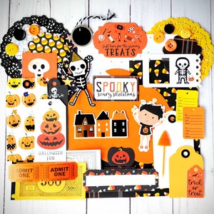 Cute Halloween Ephemera Pack for Scrapbook Journal Card Making and Paper Crafts, Hallowee Mixed Media in Black Orange Yellow Colors