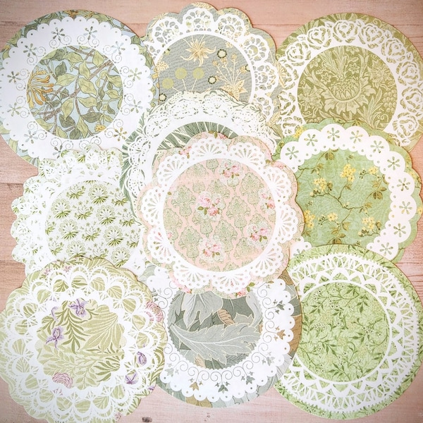 Mix Design Round Paper Doilies in Shades of Green Gray and White Colors 20 Pcs for Scrapbook Journal Card Making & Paper Crafts