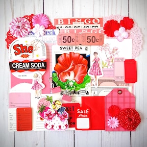Pink Red Ephemera Pack for Junk Journals Scrapbook Collage Cards and Paper Crafts, Pink and Red Mixed Media and Embellishments