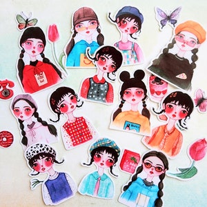 Cartoon Style Cute Fashion Teen Girls Stickers Set for Planner Journal Scrapbook 27 Pcs, Whimsical Girl Stickers Pack 2 to 2 1/4 in tall