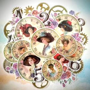 May include: A collection of vintage-style clock faces with floral accents and Roman numeral markings. The clocks feature images of women wearing hats and are surrounded by gears and numbers.