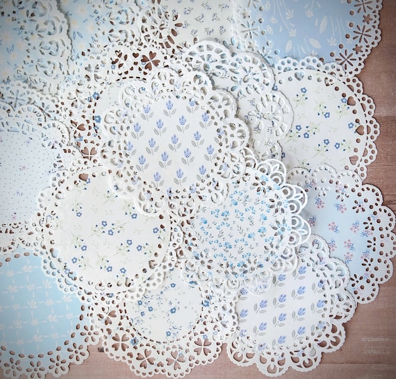 Round Paper Doilies with Floral Print in Light Blue and White Colors 10 Pcs for Scrapbook Journal Card Making and Paper Crafts