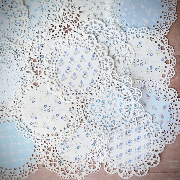 Round Paper Doilies with Floral Print in Light Blue and White Colors 10 Pcs for Scrapbook Journal Card Making and Paper Crafts