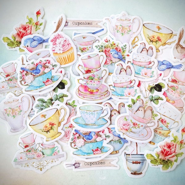 Birds Florals Teacups Teapot Theme Stickers 40 pcs for Planners Cards Journal Scrapbook and Paper Crafts