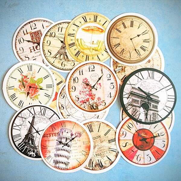 Variety Round Clock Stickers Set 15 Pcs for Collage Journals Scrapbook Cards, Clock Face Paper Stickers