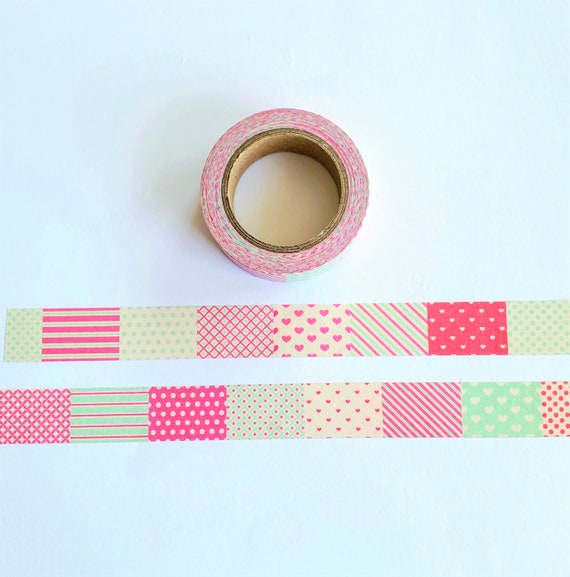 Pink and Green Multi Design Patchwork Washi Masking Tape, Planner Washi Tape,  Junk Journal Tape, Decorative Tape 