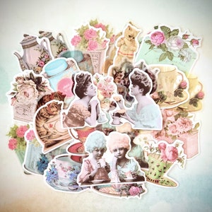 Victorian Style Teapot Teacups Tea Party Theme Paper and Washi  Stickers 38 pcs for Planner Journal Cards Scrapbook and Paper Crafts