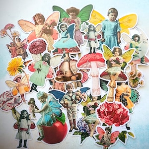 Vintage Style Fairy Children Sticker Set for Collage Planners Scrapbook Cards Tags Notebook, Colorful Fairy Vinyl Stickers 17 Pieces Set 1