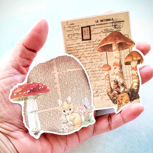 Vintage Style Mushroom Collage Style Paper Stickers for Journal Scrapbook Card Making, Large Mushroom and Animal Stickers Set 15 Pieces