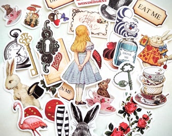 Alice in Wonderland Paper Stickers 30 pcs  1 1/4 to 3 1/2 inches tall for Planner Journals Scrapbook Cards, Alice Storybook Stickers
