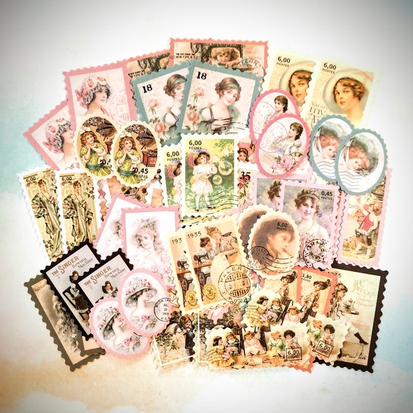 Vintage Style Faux Postage Paper Stamp Stickers Set with Images of Ladies and Children 50 Pcs for Planner Journals Collage and Paper Crafts