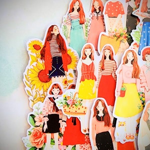 Cute Fashion Girls with Flowers Sticker Set 9 Pcs for Collage Junk Journal Cards Planner and Paper Crafting, Girl Friends Stickers Decal